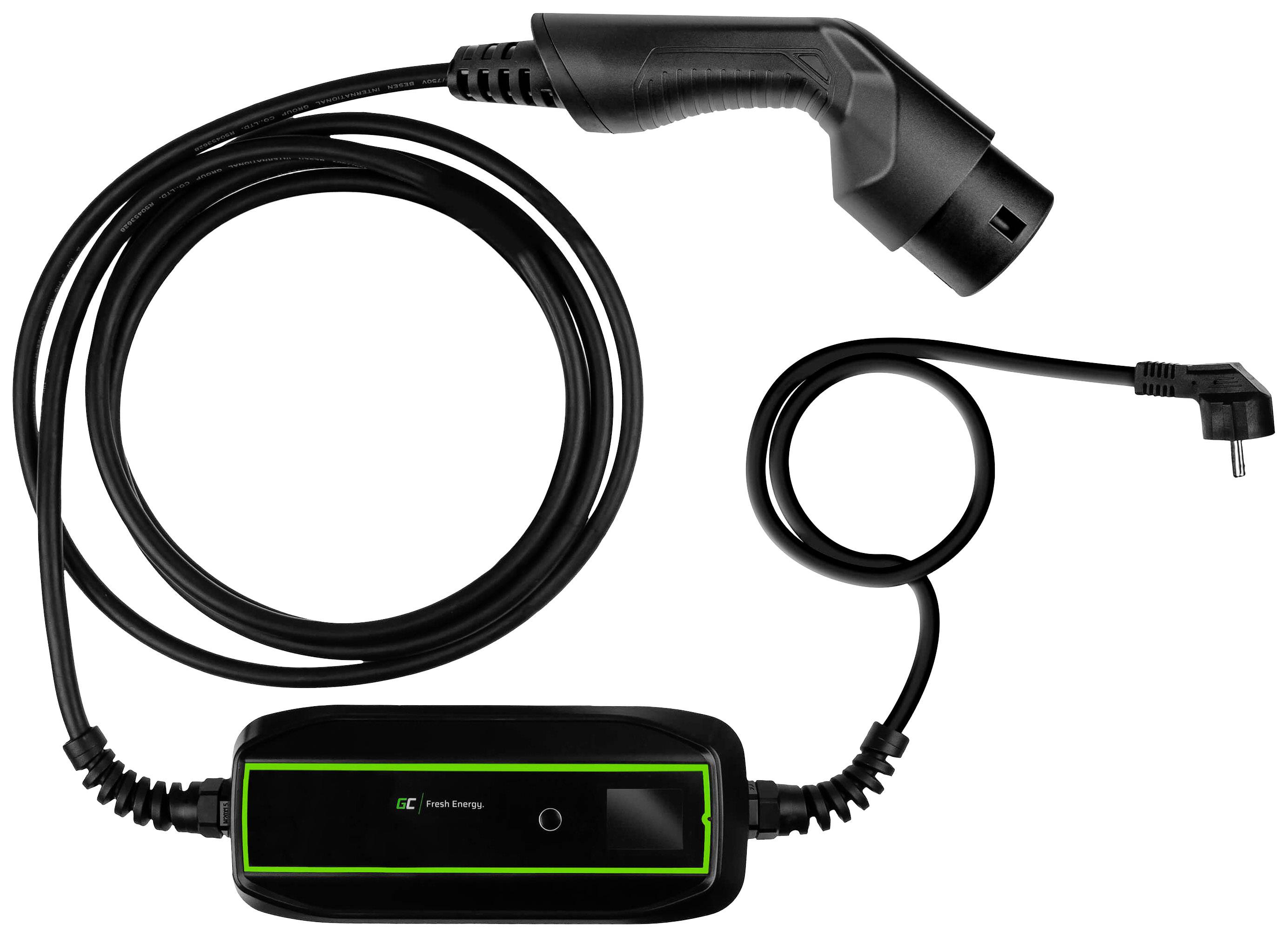 Electric vehicle charging cable with control box and plug; used for safely charging electric cars at a power socket.
