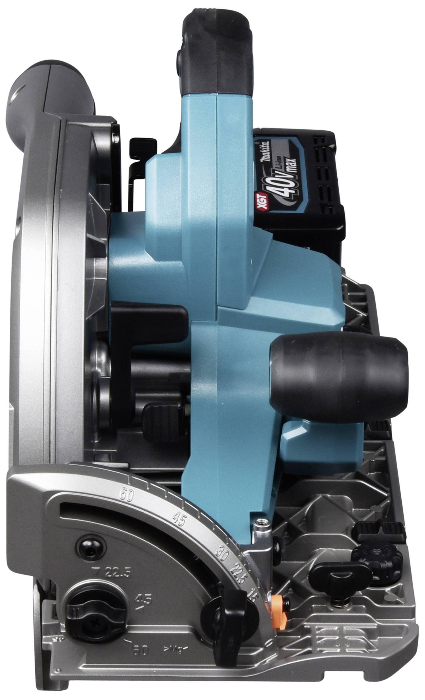 Battery-powered circular saw made of metal and plastic, side view. Shows the battery, housing and blade.