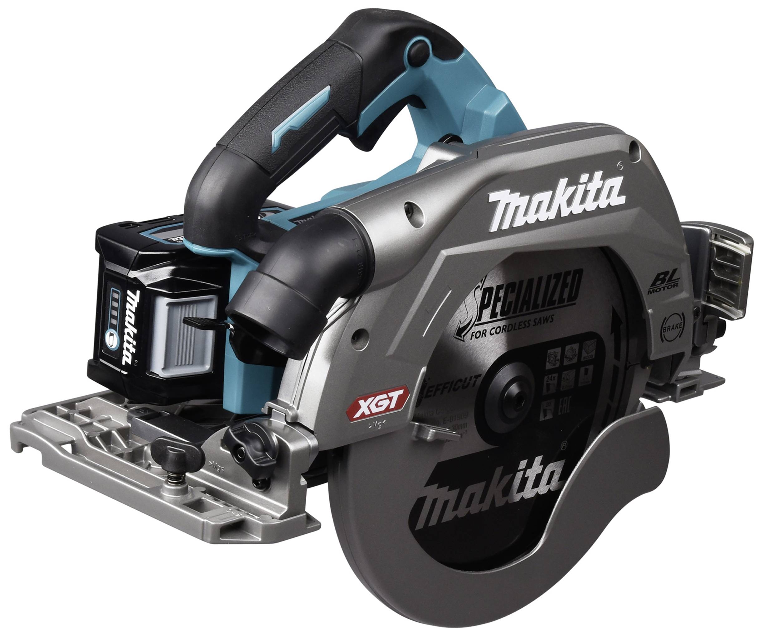 Makita hand-held circular saw with black and blue casing, large saw blade and ergonomic handle. Battery located at the rear.
