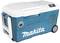 Electric cool box in blue with the 'Makita' logo. It has wheels, a handle, and a control panel. Ideal for outdoor activities.