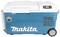 The blue Makita cool and warming box with handle and wheels. A control panel with LCD display on top. Ideal for outdoor activities.