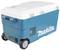 A blue and white Makita cooler with wheels and handles. It is portable, with metal latches and ventilation grilles on the side.