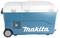 A portable, blue Makita cool box with a handle and two wheels, perfect for transporting and keeping drinks cool.
