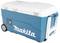 Cool box with wheels and handle, blue and white with Makita logo. Perfect for transporting drinks and food.