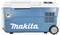 A blue Makita cool box, side view. It has wheels and a handle on top, ideal for mobile use.