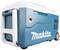 Blue Makita coolbox on wheels with white handle and logo; portable and robust design for outdoor use.