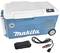 Portable Makita Cool Box in Blue with Digital Control Panel and Wheels. Includes Cable and Strap. Ideal for Keeping Drinks Cool on the Go.