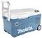 Mobile, blue Makita cool box with wheels and telescopic handle, suitable for portable cooling during outdoor activities.
