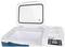 A white portable cool box with an open lid, digital control panel, and bottle holders.