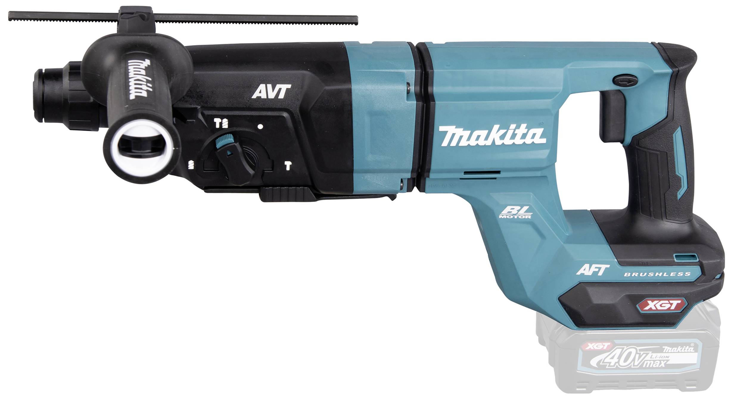 A navy blue and black Makita rotary hammer drill with a removable handle and multiple settings, suitable for construction work.