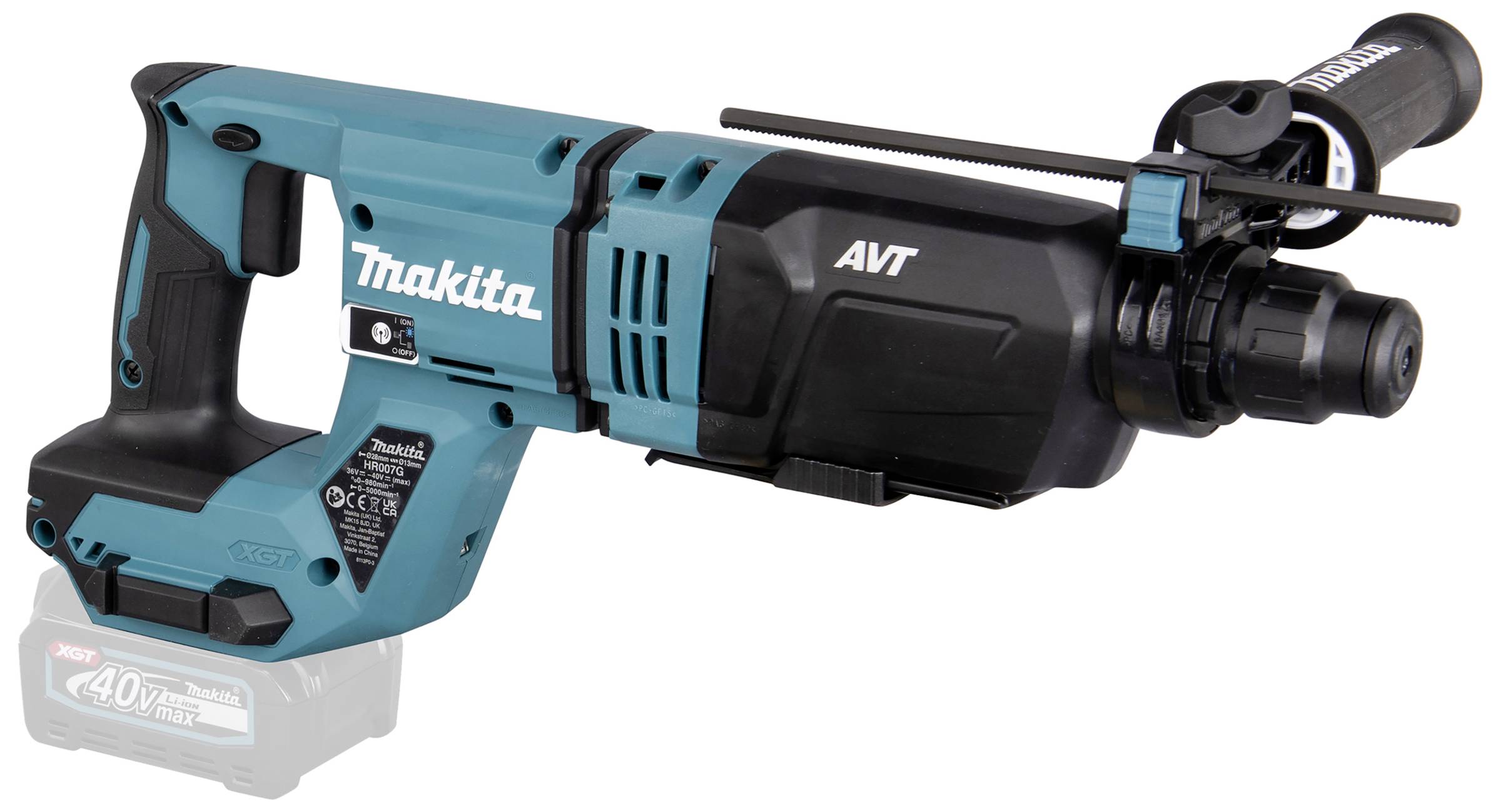 Electric drill hammer in blue and black with company logo. Shows handles and chuck. Ideal for DIY and trade work.