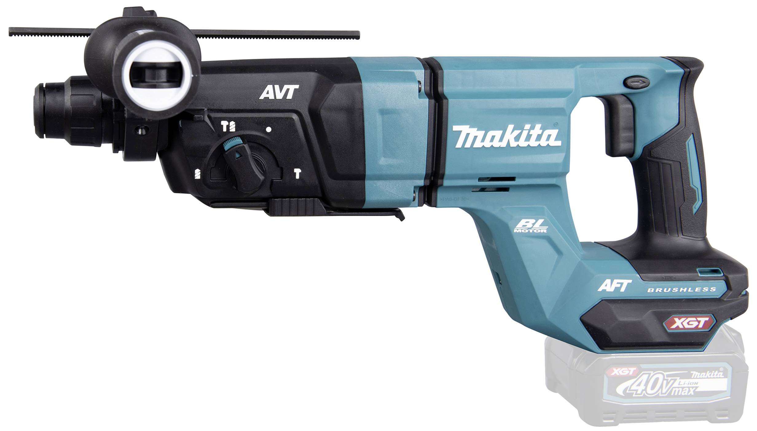 Blue and black Makita drill with handle and various adjustment options on the left-hand side.