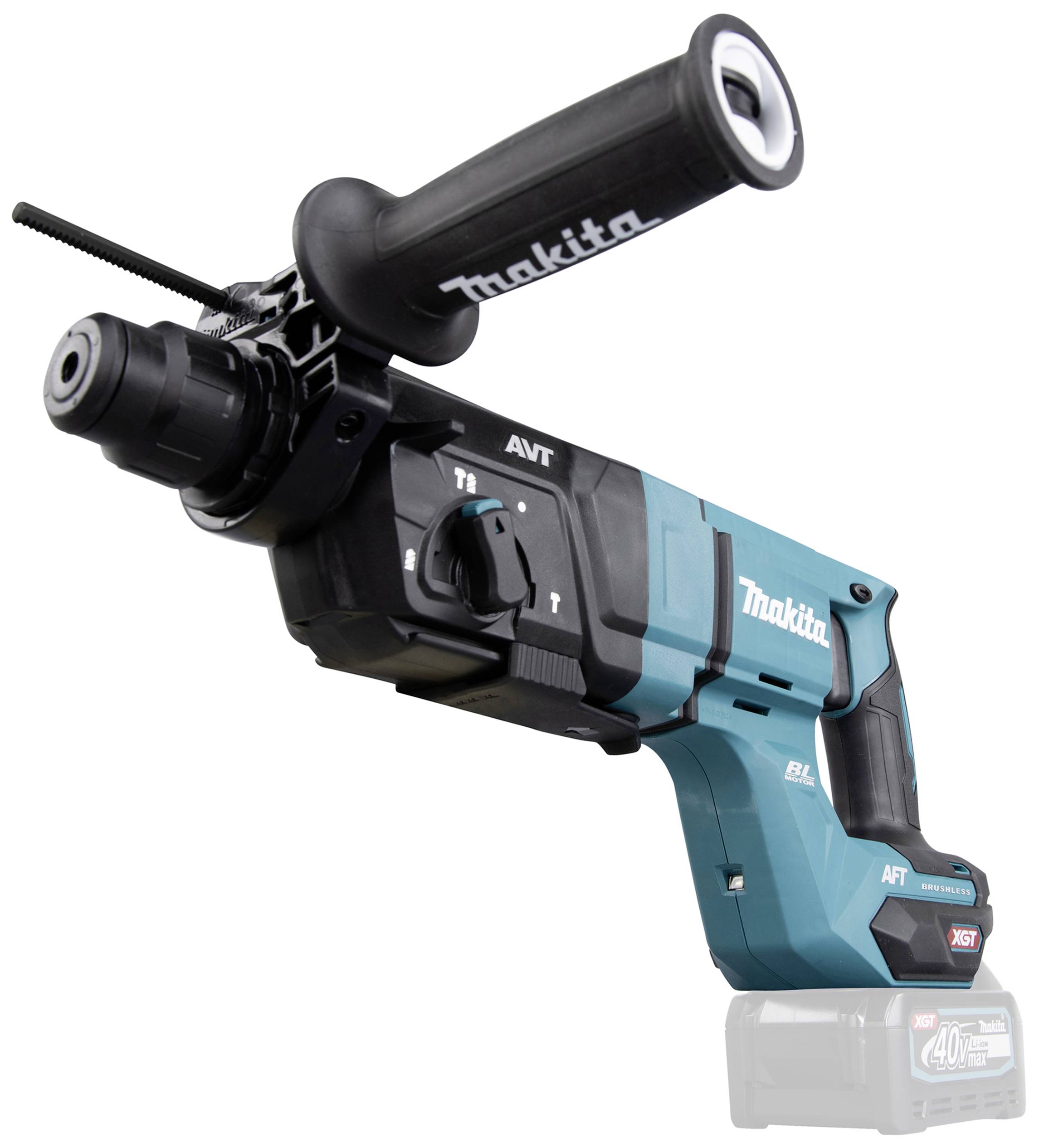 Makita drill with an upper handle and blue casing, suitable for construction work or DIY projects.