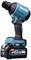 A cordless impact wrench by Makita, model XGT 40V, in turquoise and black, stands upright. It is brushless.