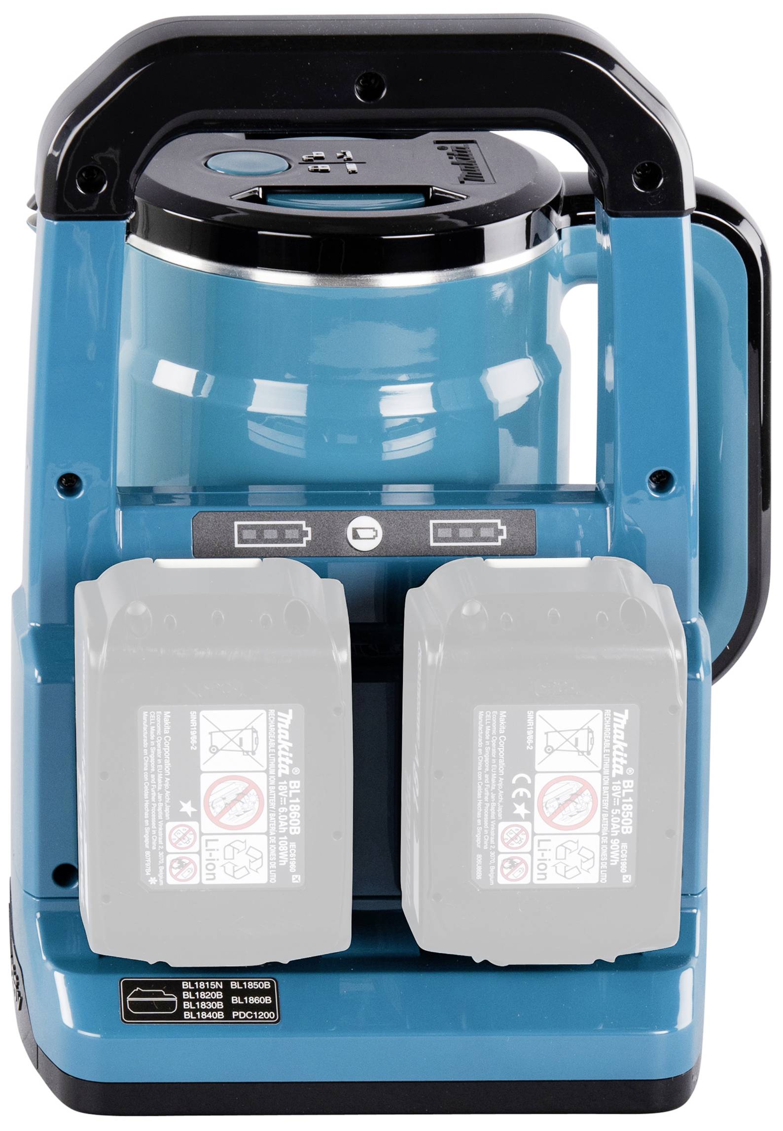 Blue electric kettle with two grey removable batteries at the front and a handle on top for carrying.
