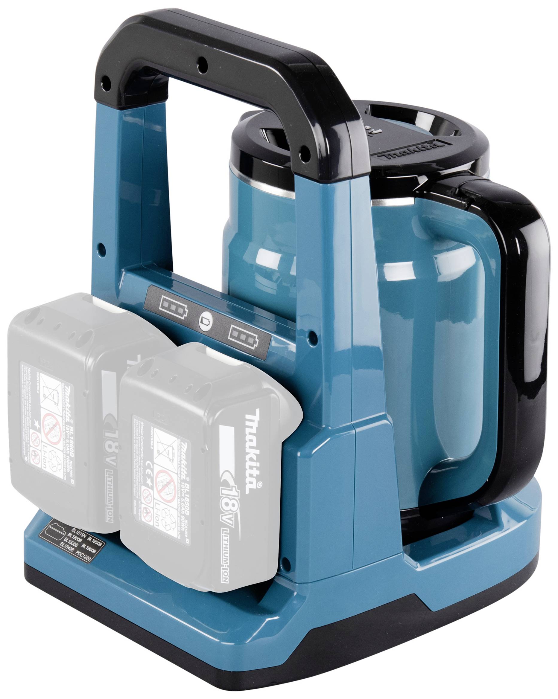 A blue Makita coffee maker with two inserted 18V batteries, perfect for mobile use.