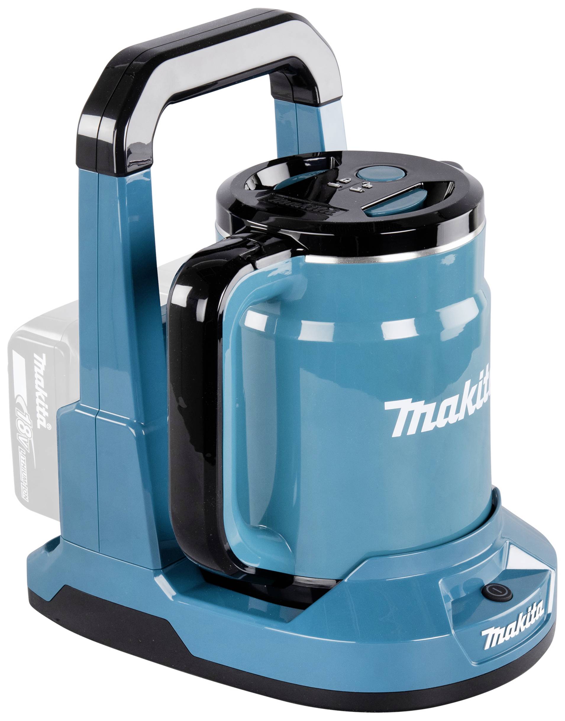 A blue, portable electric kettle with a black handle and 18V battery, suitable for travelling or outdoor activities.