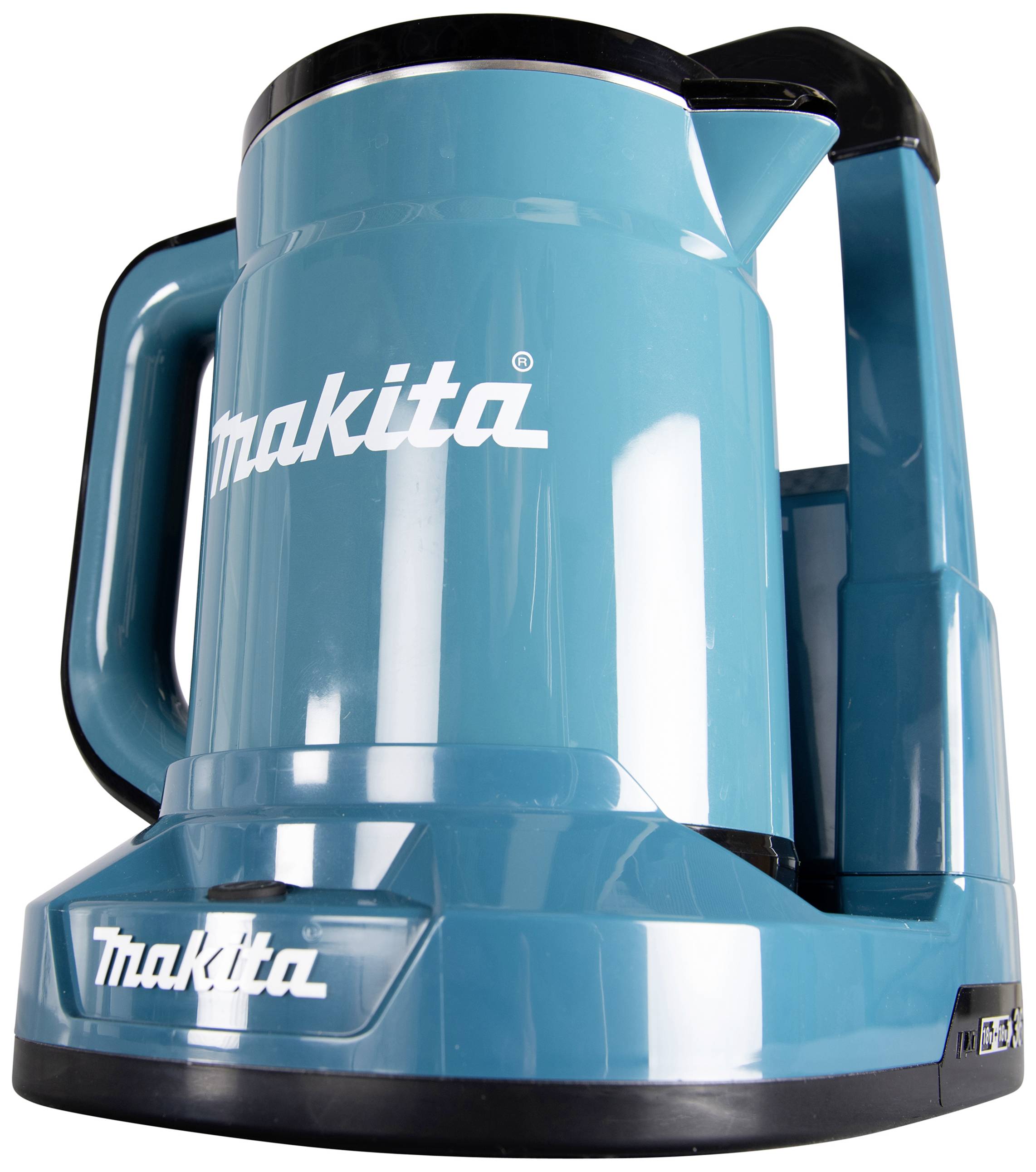 A blue electric kettle by Makita. It has a handle and a lid.