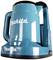 A blue electric kettle by Makita. It has a handle and a lid.