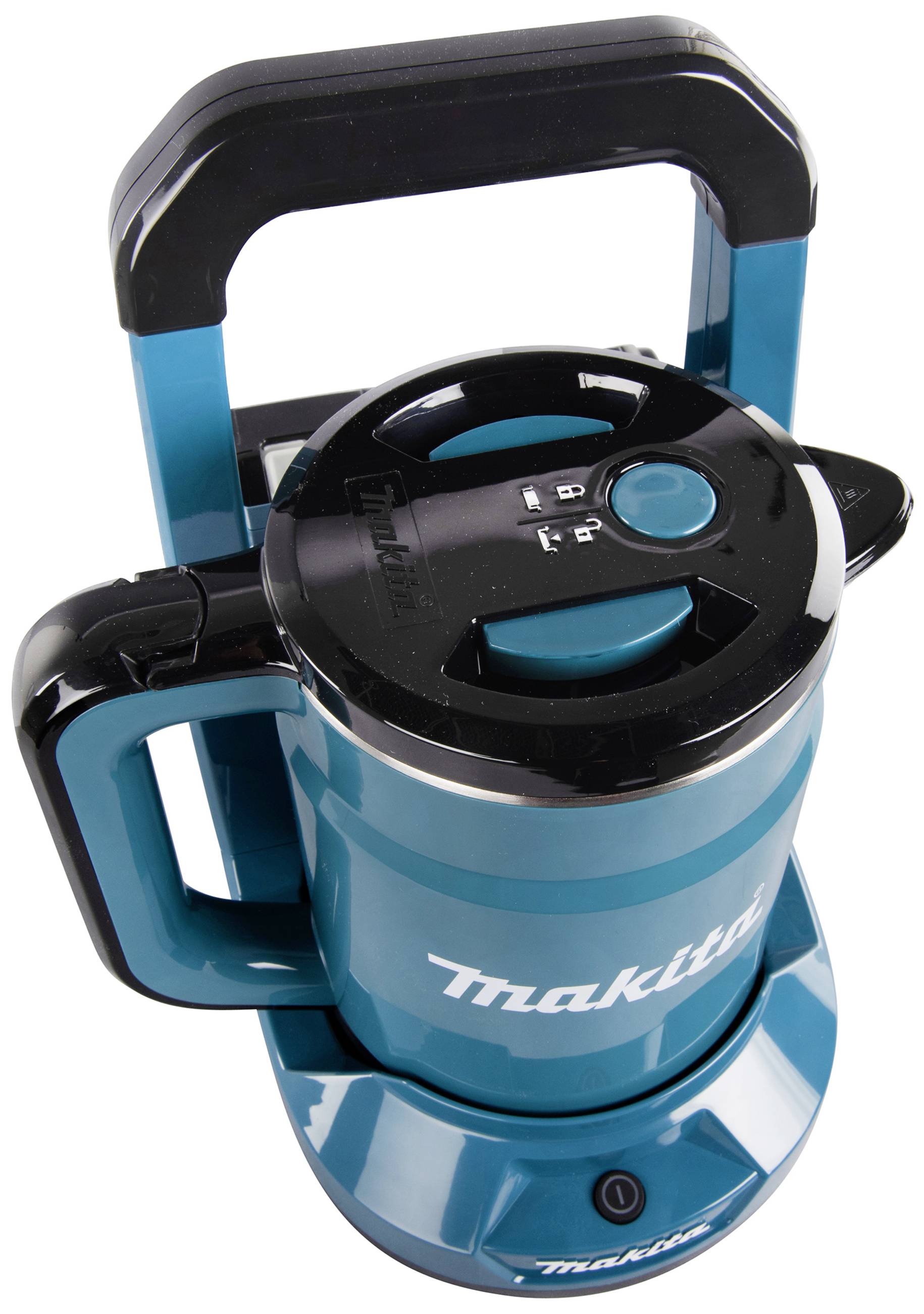 A blue electric kettle with a handle and base station, on which the brand name 'Makita' is visible.