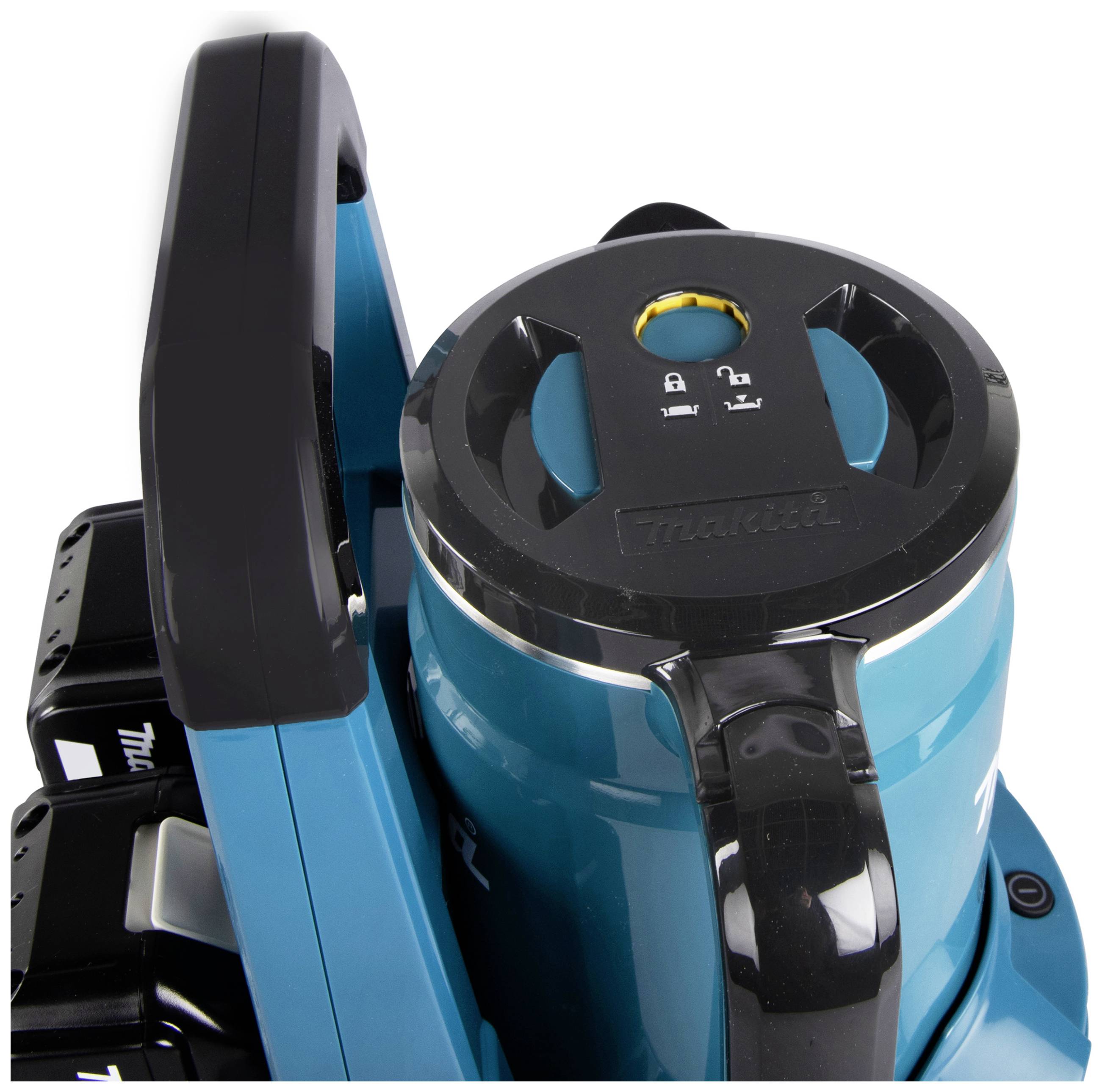 A blue kettle with a black handle and control panel. Displays symbols for open and closed unlocking. Battery compartment visible.