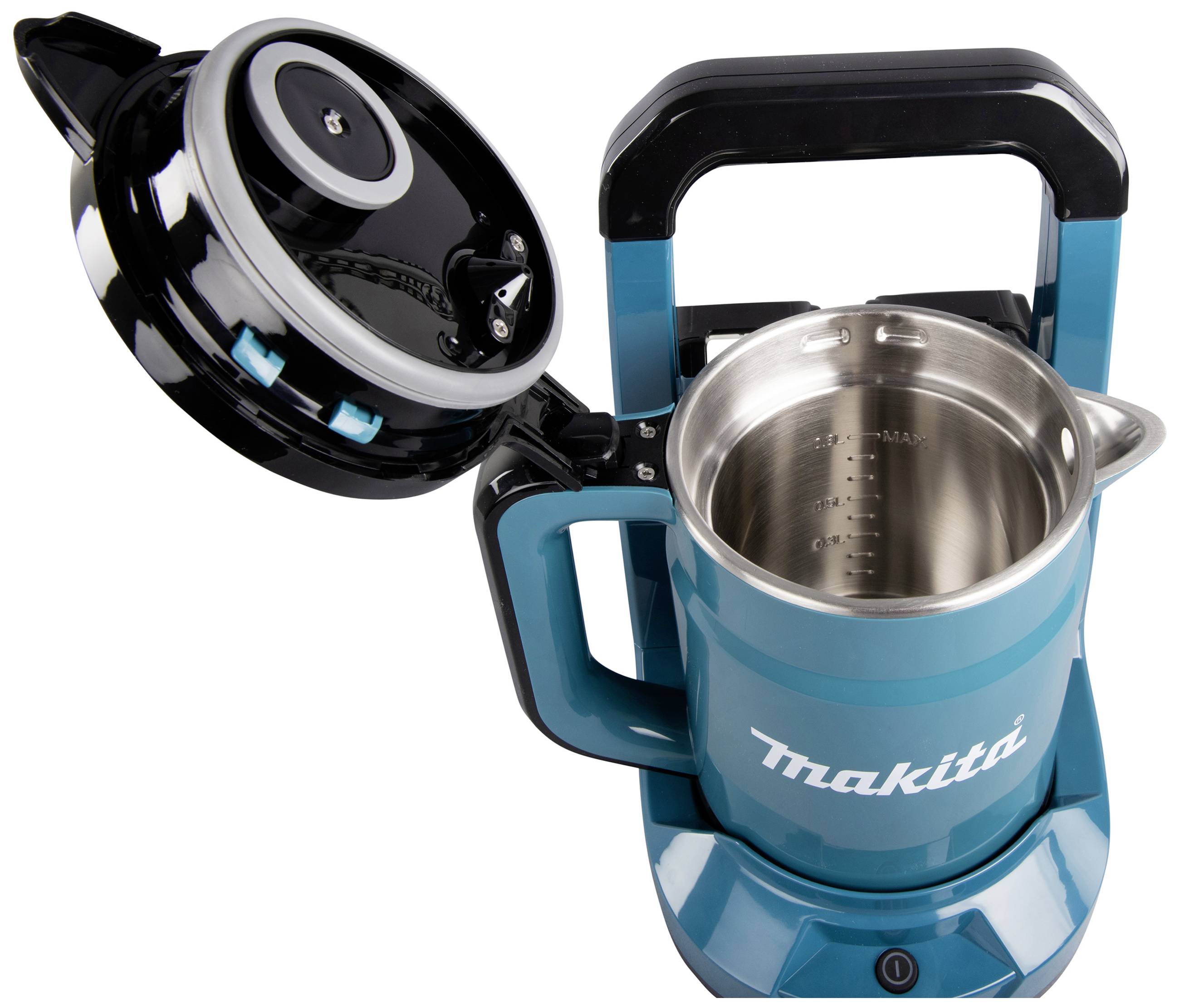 A blue, electrically powered kettle with its lid open, revealing the interior of the stainless steel container.