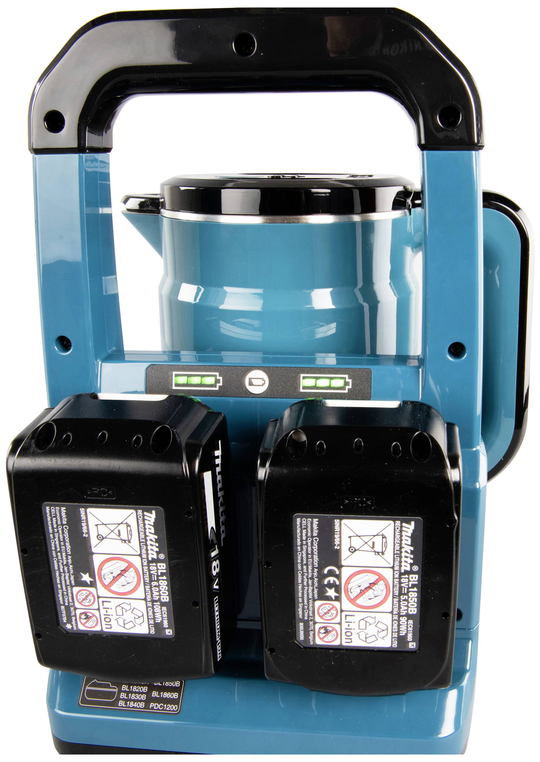 Portable coffee machine with two batteries mounted on a platform. The machine is blue and black.