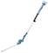 Battery-powered hedge trimmer with telescopic handle, blue and white, suitable for cutting tall hedges.