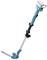 A blue cordless hedge trimmer with telescopic pole and adjustable head, perfect for trimming tall hedges.