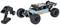 Remote-controlled car and remote control. The car is blue and orange with robust tyres and a detailed racing design.
