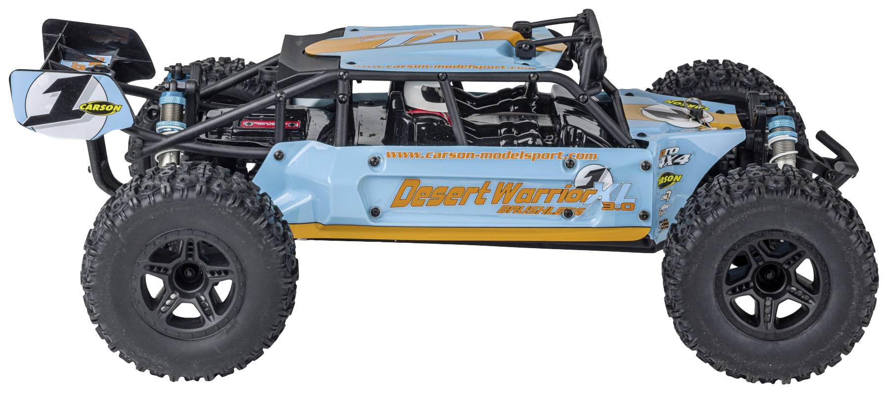 A remote-controlled car with 'Desert Warrior' written on the side, designed for off-road driving with robust tyres.