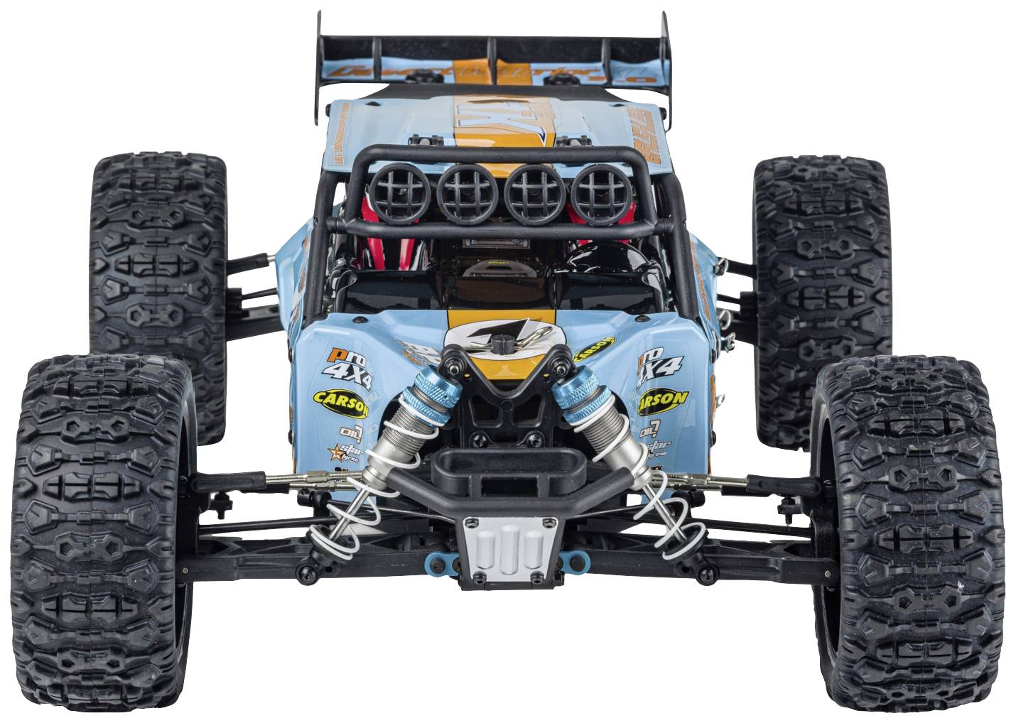 Remote-controlled off-road car with large, chunky tyres and a robust blue-orange chassis.