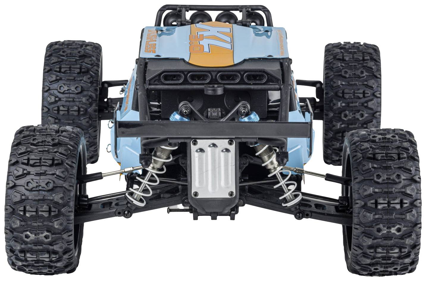A blue remote-controlled car with large wheels and suspension, photographed from the front.