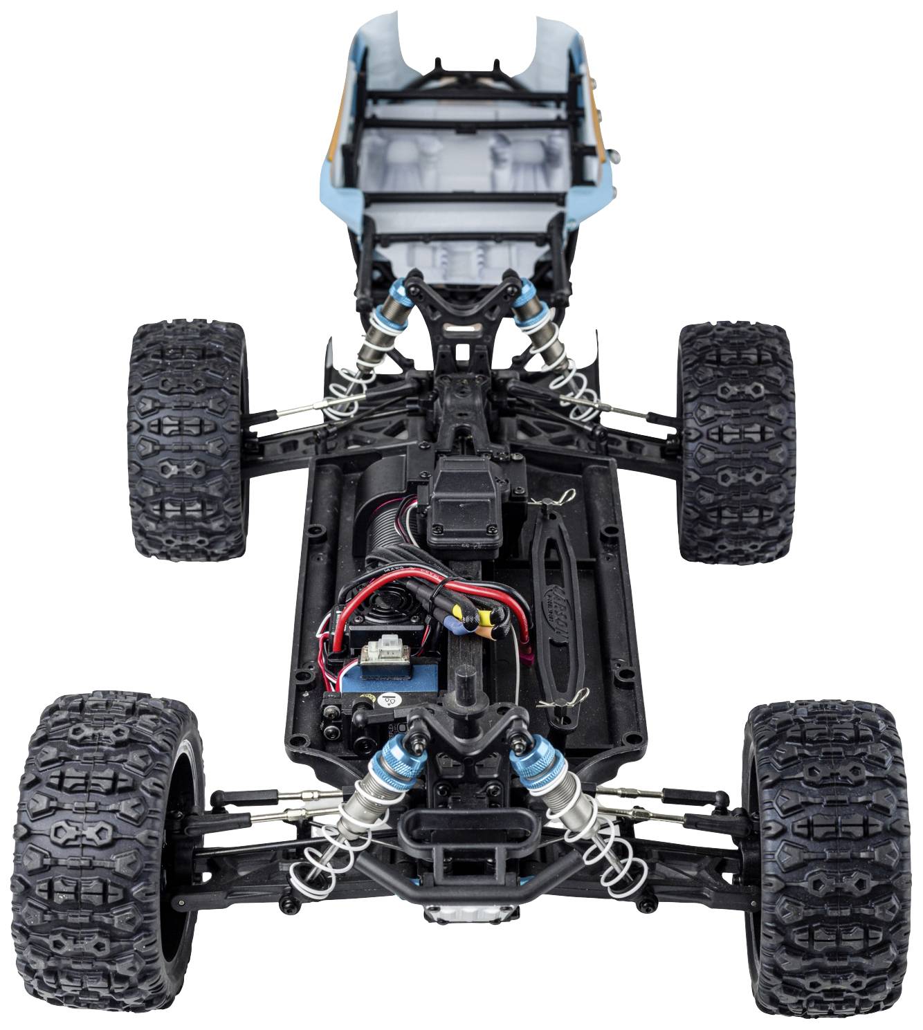 Remote-controlled car chassis viewed from above, with suspension, engine, and wiring visible. No body cover, robust off-road tyres.