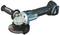 Cordless angle grinder in turquoise and black, with side handle and battery unit, brand 'Makita'.
