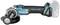 Cordless angle grinder with blue and black casing by Makita, featuring a side-mounted handle and visible battery compartment.