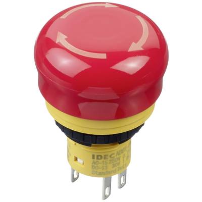 Red emergency stop switch from IDEC with yellow base and arrows, used for safety shutdown of machines.