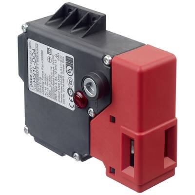 Safety interlocking switch with a red housing and black base. Displays technical specifications on a label on the side.