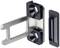 Metal fitting with a rectangular opening and black plastic component, likely a closure part, suitable for doors or boxes.