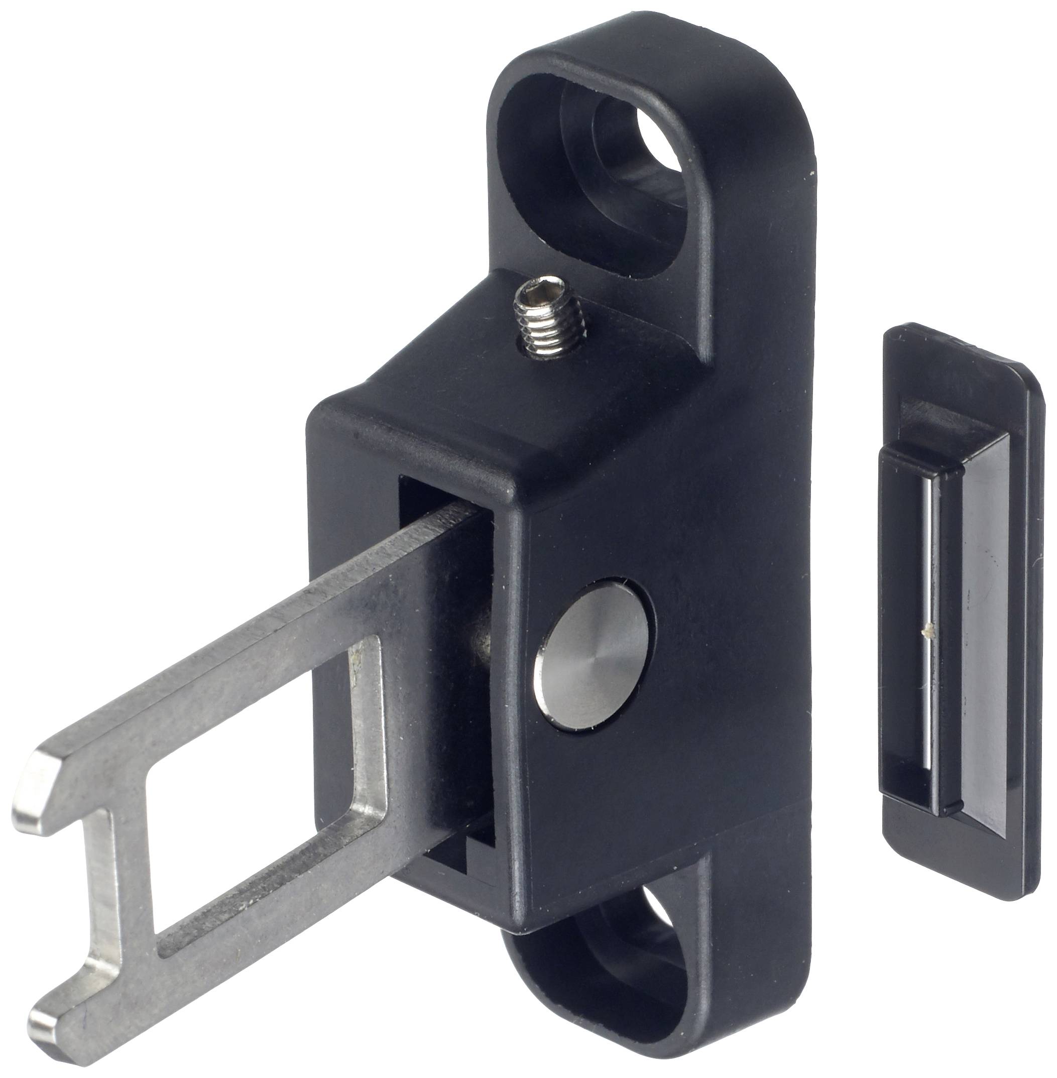 Black sliding window lock made of metal and plastic, comprising two parts: a housing with a metal bolt and a separate bolt section.
