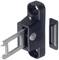 Black sliding window lock made of metal and plastic, comprising two parts: a housing with a metal bolt and a separate bolt section.