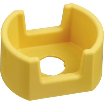 Yellow, round plastic holder with an open base and side recesses. Often used for stabilising or hanging objects.