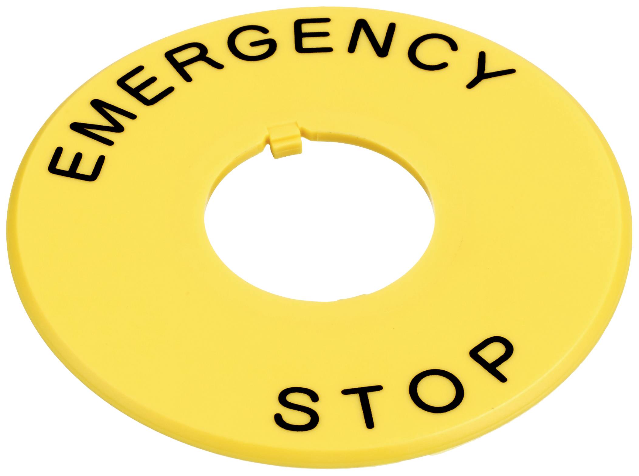 Yellow emergency stop sign with the text 'EMERGENCY STOP'.<br><br>Note: In British English, this would typically be written exactly as it is, without changes to spelling or terminology. The phrase "Emergency Stop" is universally understood in British English.