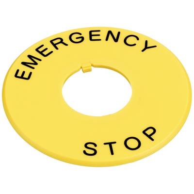 Yellow emergency stop sign with the text 'EMERGENCY STOP'.<br><br>Note: In British English, this would typically be written exactly as it is, without changes to spelling or terminology. The phrase "Emergency Stop" is universally understood in British English.