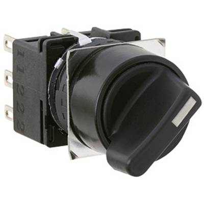 Close-up of a black rotary switch with a rectangular housing and multiple electrical connections on the back.