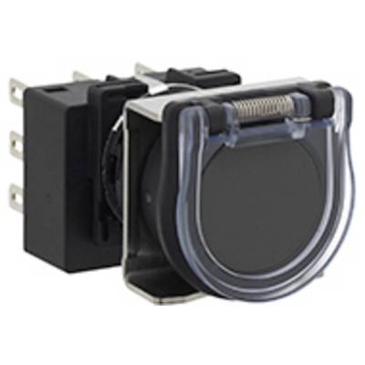 A black, square switch with a large round button and a transparent protective cap. The switch has multiple plug-in connections.