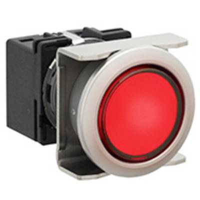 A round red button in a silver casing, highlighted against a black background. Symbolises stop or alarm.