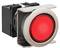 A round red button in a silver casing, highlighted against a black background. Symbolises stop or alarm.
