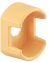An orange plastic clip for fastening objects, rectangular in shape with rounded edges.