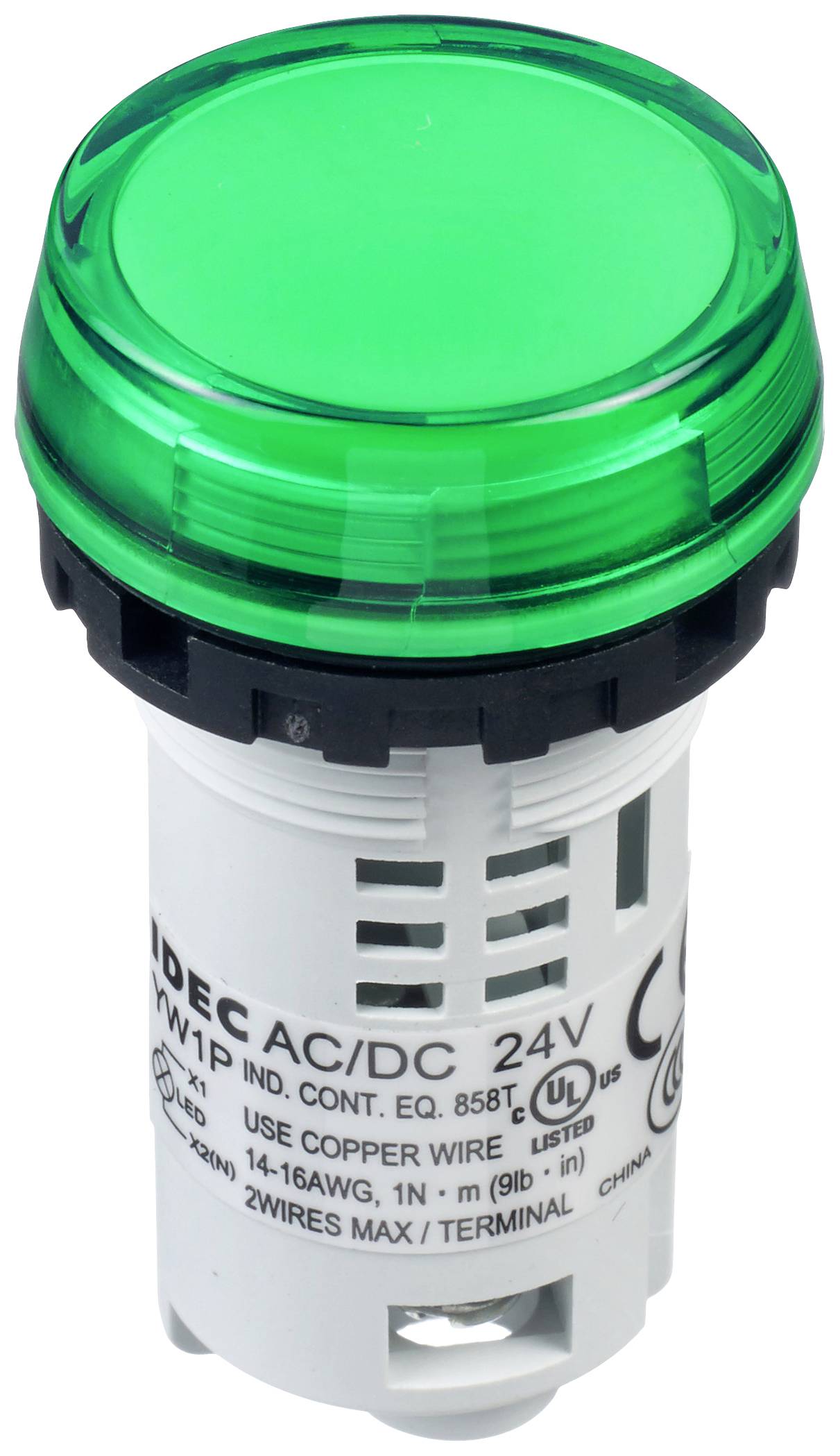 Green indicator light button with label 'IDE C AC/DC 24V'. Manufactured using copper wire, certified by UL.